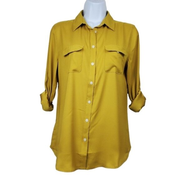 Loft Womens Roll Tab Sleeve Mustard Yellow Button Front Shirt Size S NWT - Picture 1 of 6